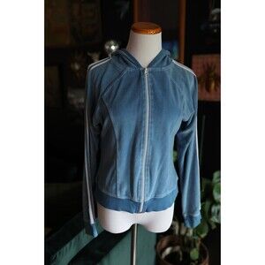 Rave Women's Baby Blue White Stripe Y2K 90s Velvet Velour Zip Jacket Large